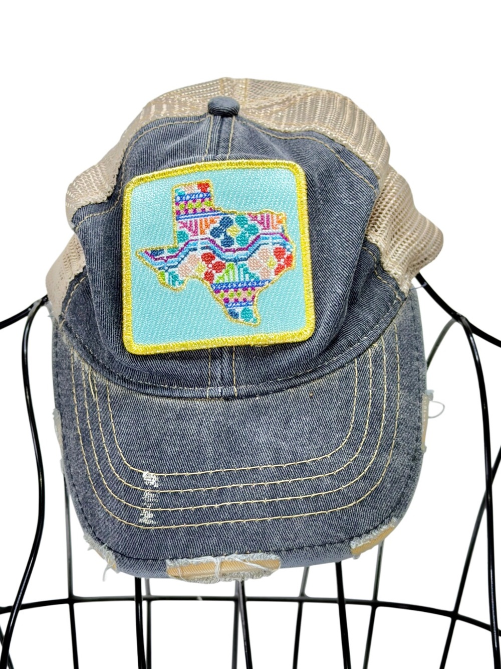Women’s Blue Denim Patch Trucker Hat with Colorful Serape Texas Patch